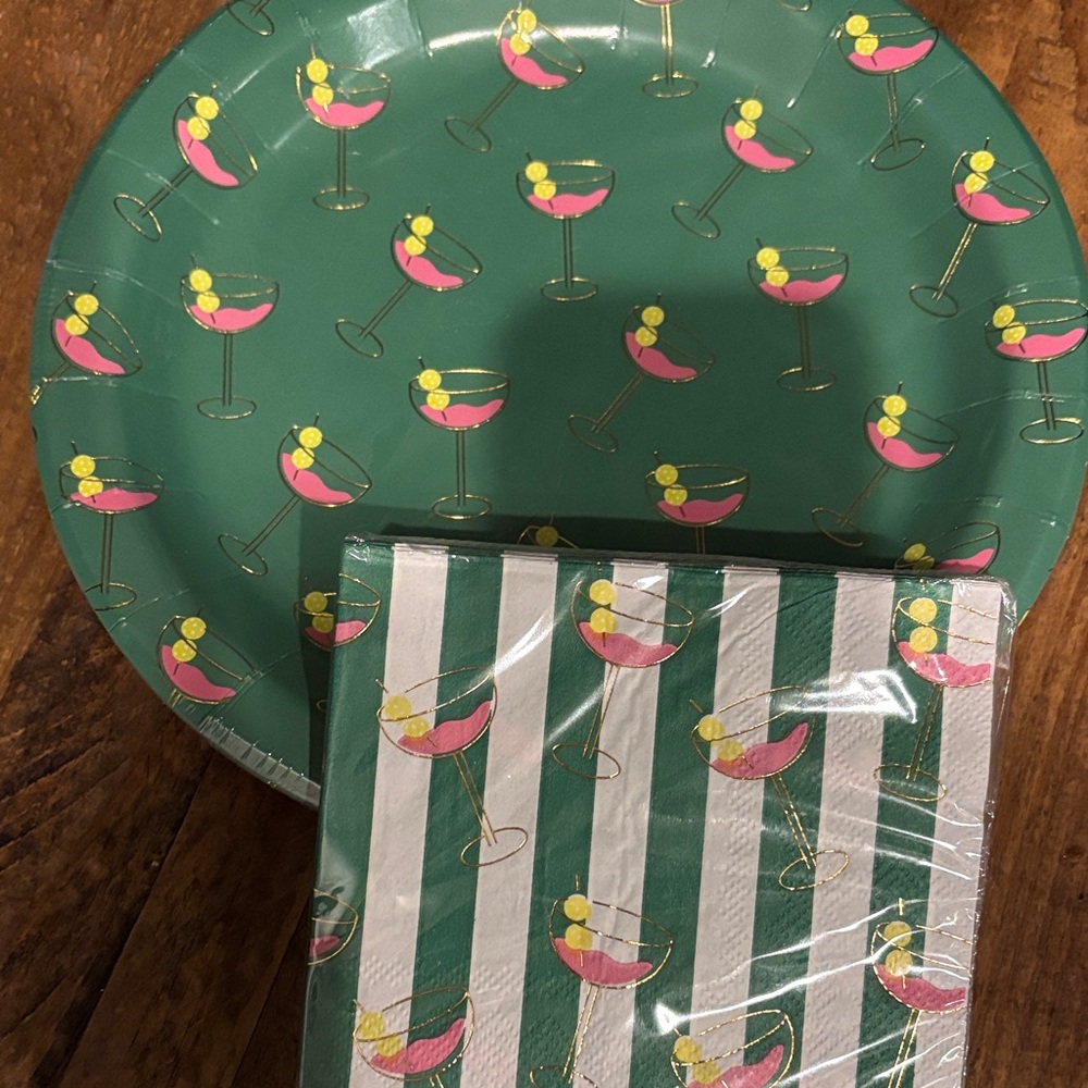 Green and Pink Cocktail Party Plates and Napkins Set martini time paper goods nw